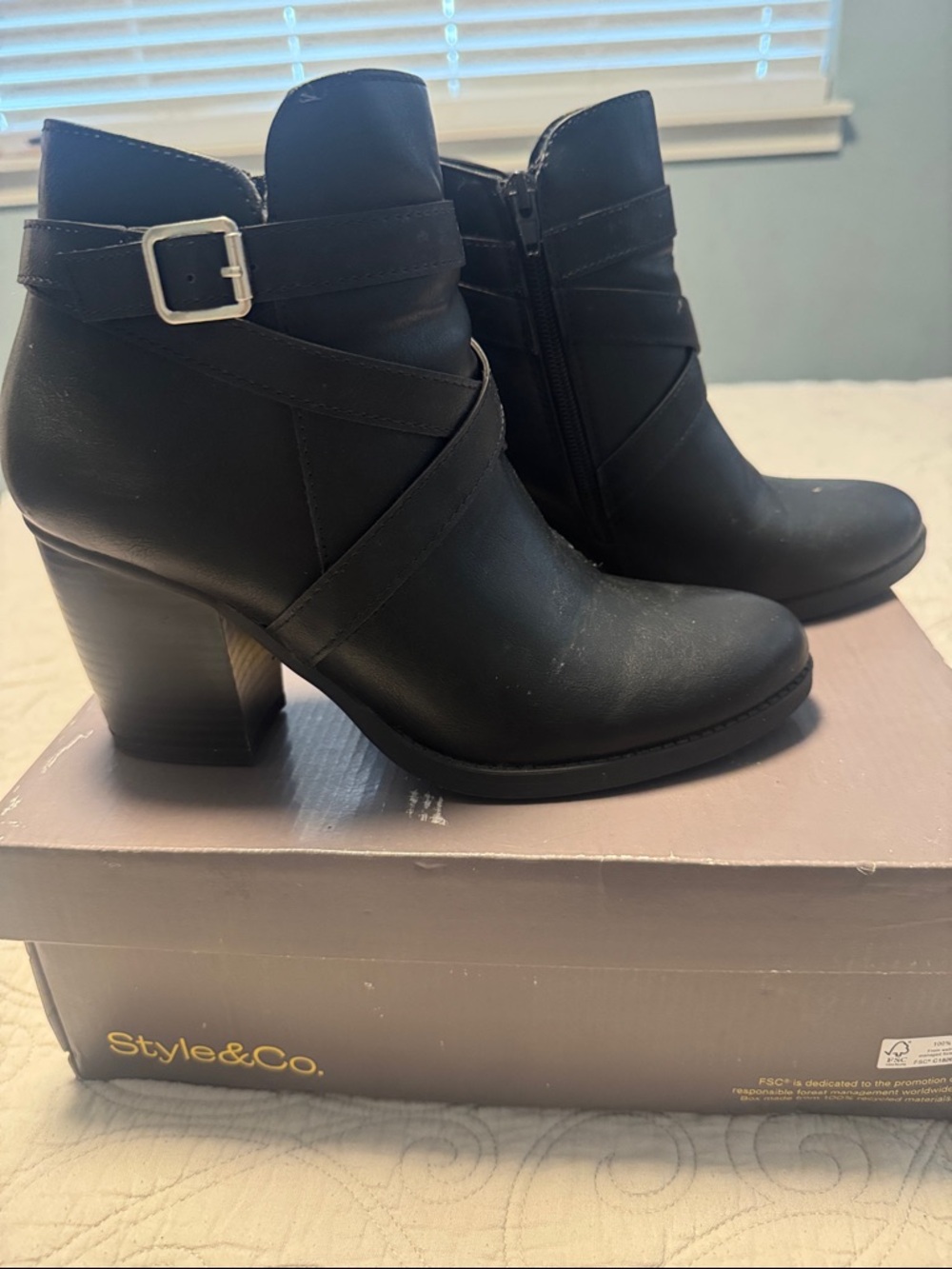 Style & Co. Black Leather Ankle Boots with Buckle Strap